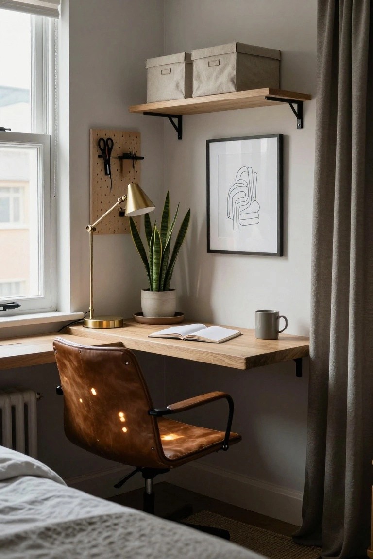 Corner office nook in a bedroom with wall-mounted light oak floating desk, brown leather swivel chair, gold adjustable desk lamp, potted snake plant, pegboard organizer with scissors, floating oak shelf holding beige fabric boxes, and black-framed abstract line drawing on white wall beside window with gray curtains.