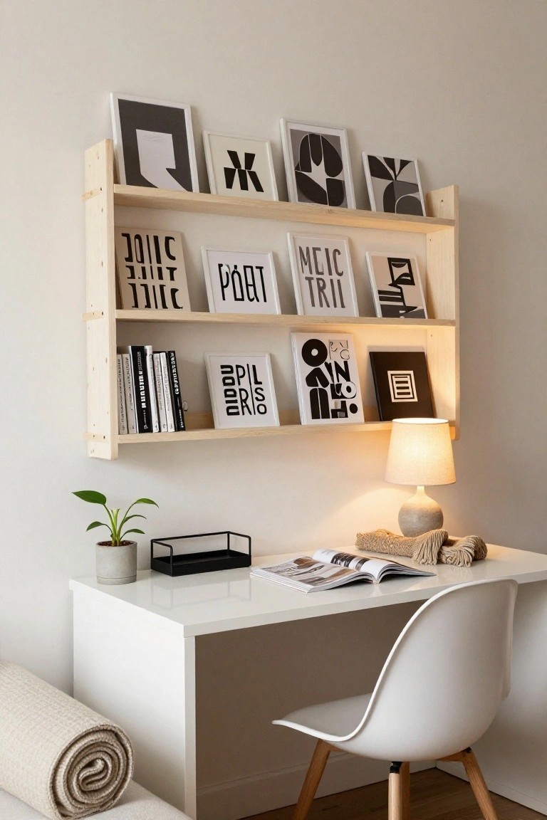 Wooden wall-mounted shelves above a white desk holding books and black-and-white art prints, with a potted plant, desk lamp, and white molded plastic chair in a light beige room.