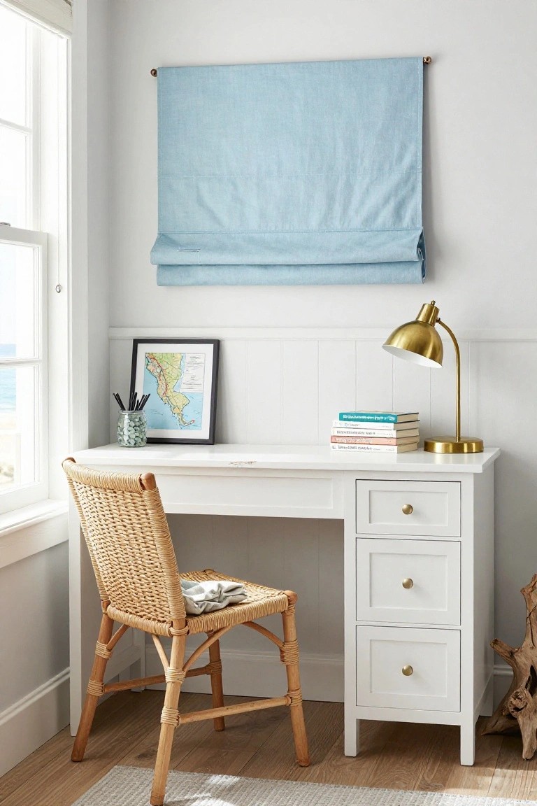 White desk with drawers and gold knobs in room corner, rattan chair, ocean-view window, blue roman shade, framed coastal map, gold lamp, stacked books, and glass jar of pens on desk.