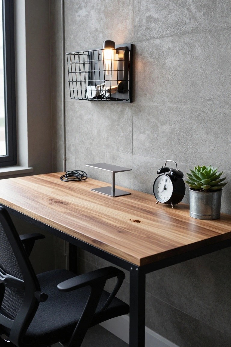 Wooden-top desk with black metal legs and frame positioned against a gray textured concrete wall, with a black mesh office chair, coiled charger cable, metal stand, black alarm clock, metal pot with succulent, and wall-mounted basket light with bulb.