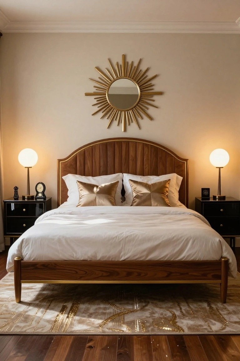 Bedroom with a walnut wood bed frame featuring curved headboard and brass trim, flanked by black nightstands topped with brass globe lamps and clocks, large gold sunburst mirror on beige wall, white bedding with gold pillows, and cream rug on hardwood floor.