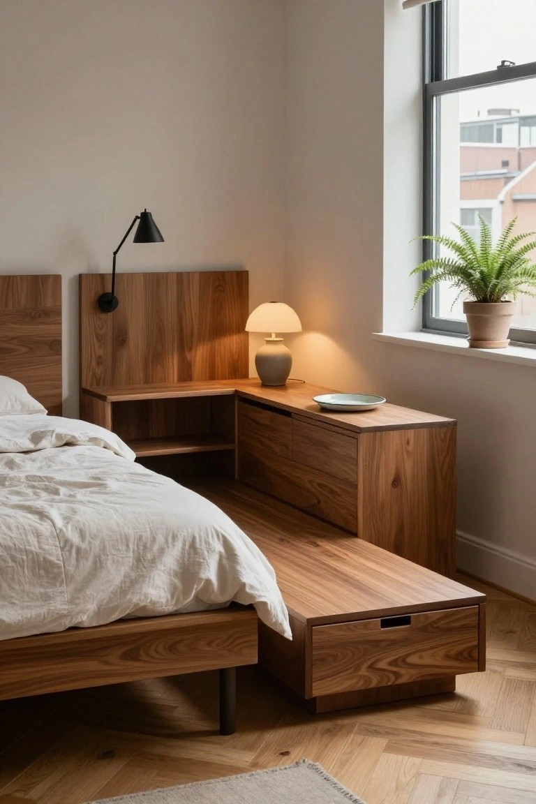 Corner of a bedroom with a low platform bed made of walnut wood, featuring an integrated headboard, open shelf, nightstand surface with a plate and lamp, and lower storage drawers, next to a window with a potted fern plant on herringbone wood floors.