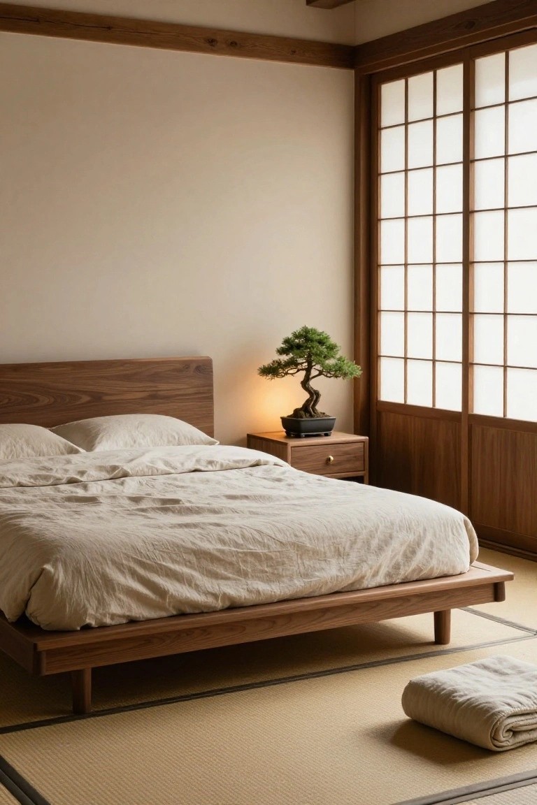 Bedroom interior with low-profile walnut wood bed frame draped in white linens, bonsai tree on matching nightstand, shoji screen windows, wooden accents, and tatami mat flooring.