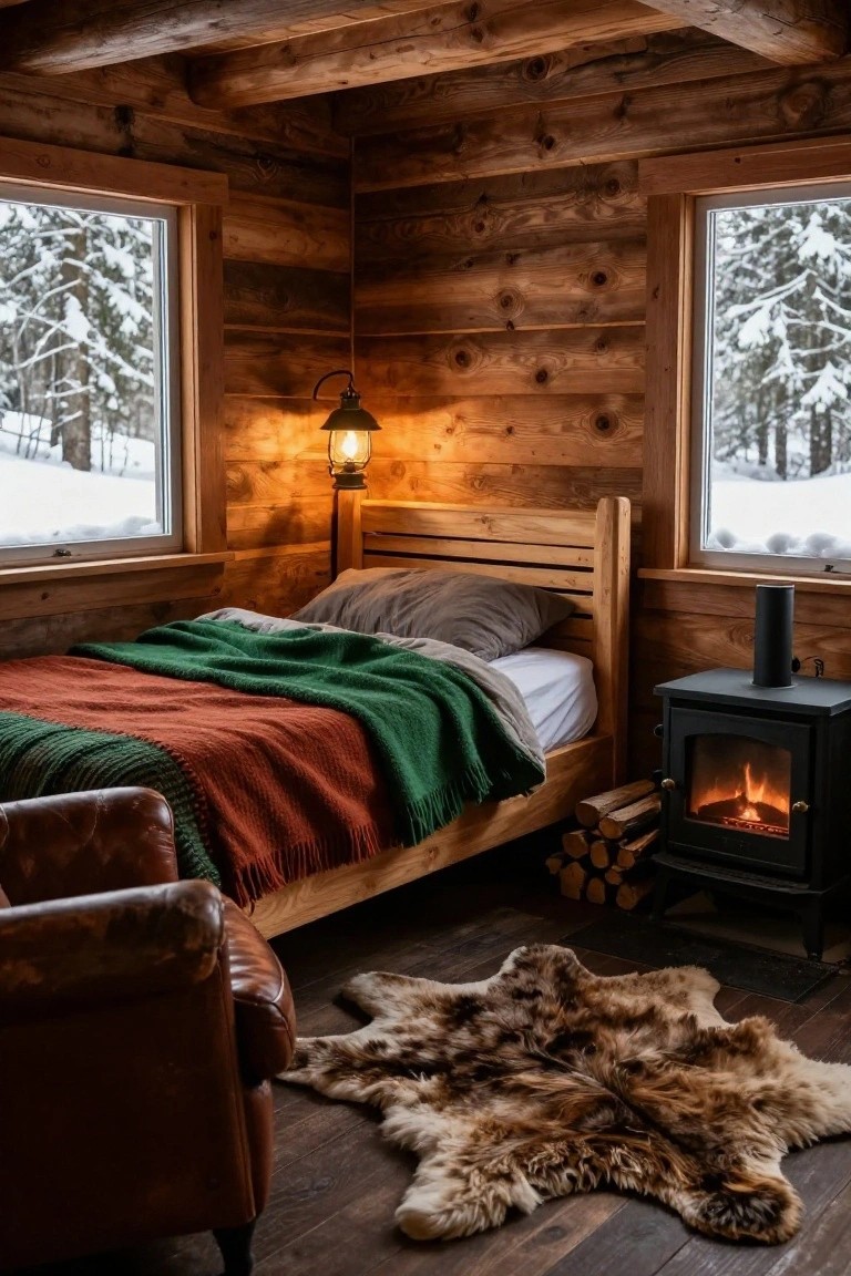 Log cabin bedroom interior with wooden bed frame covered in gray sheets and green and orange wool blankets, wood-burning stove with fire and firewood stack, leather armchair, fur rug on floor, wall lantern, and large windows showing snowy pine forest outside.