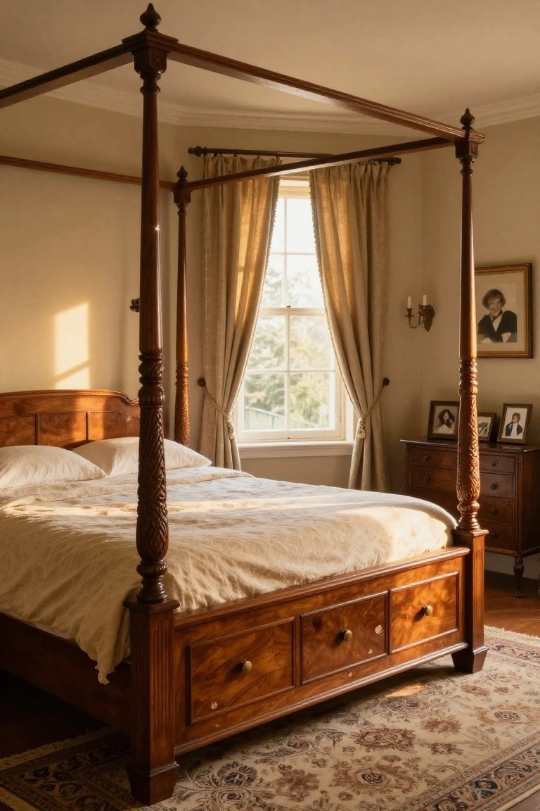 A sunlit bedroom with a tall four-poster bed frame in dark wood featuring carved posts and drawers, white sheets on the mattress, a wooden dresser nearby, beige curtains on a multi-pane window, wall sconces, and framed photos.