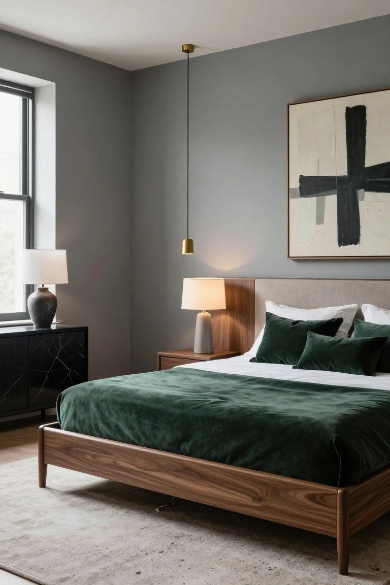 Gray bedroom with low walnut wood platform bed draped in green velvet bedding and pillows, wood headboard, ceramic lamps on nightstands, black marble dresser, and abstract wall art near a window.