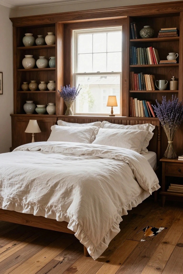 Cozy bedroom with low wooden bed frame covered in white ruffled linens, flanked by tall wooden built-in bookshelves filled with books, ceramics, and lavender bundles beside a large multi-paned window and wooden floors.
