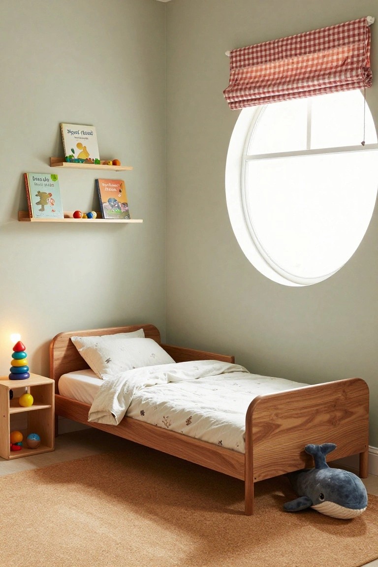 A toddler bedroom with a low wooden bed frame, white bedding, a blue whale plush toy beside the bed, colorful stacking toys on a wooden nightstand, children's books on floating shelves, and a round window with red checkered curtains.