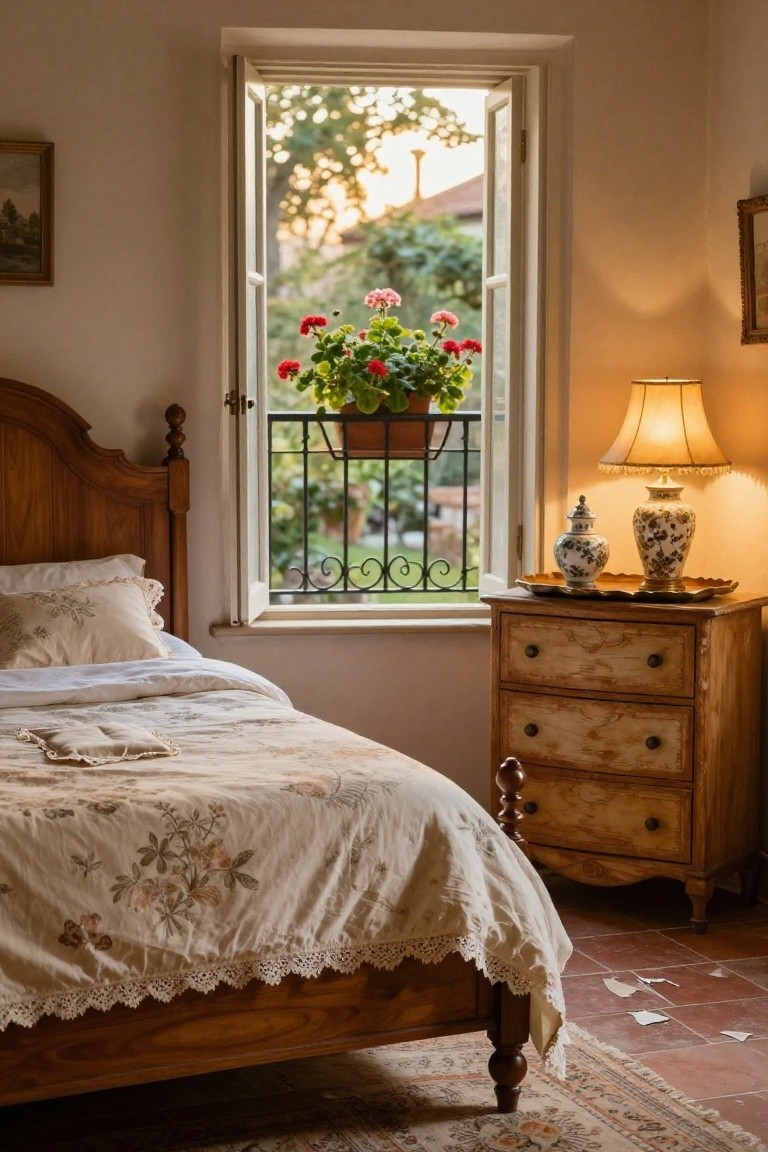 Cozy bedroom interior with ornate wooden bed frame, floral bedding, wooden nightstand holding lamps and porcelain vases, and open French window with wrought-iron balcony and potted red geraniums overlooking trees and garden.