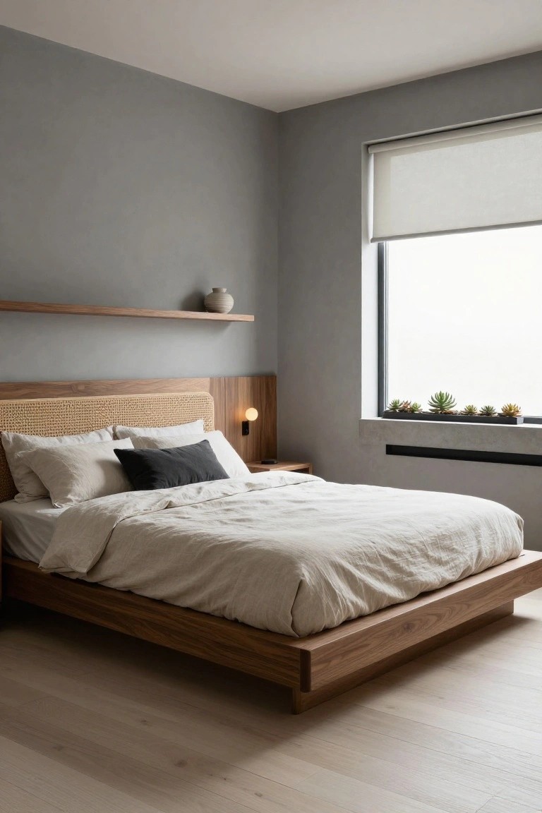 Bedroom with low wooden platform bed frame, rattan headboard panel, white linen bedding, gray walls, floating wooden shelf holding a vase, bedside table with lamp, and row of potted succulents on wide window sill.