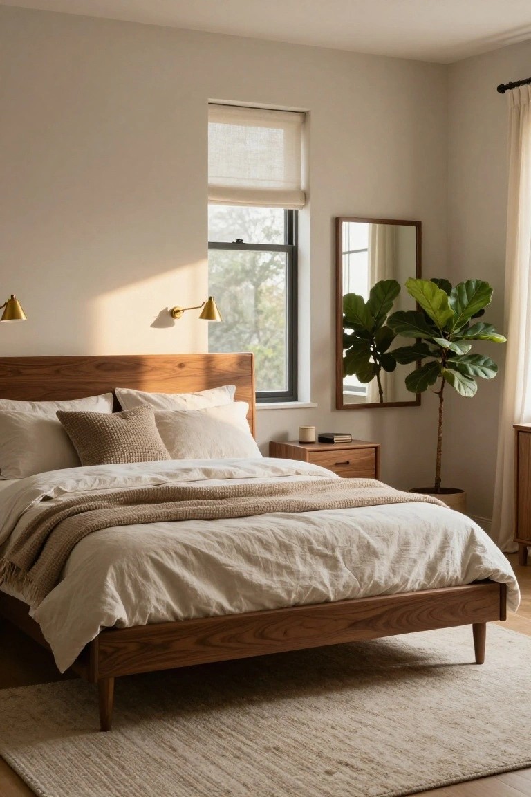 Bedroom corner with walnut wood bed frame, beige and white linens and pillows, wooden nightstand, tall potted fiddle leaf fig plant next to a mirror, sheer window shade, and gold wall sconces.