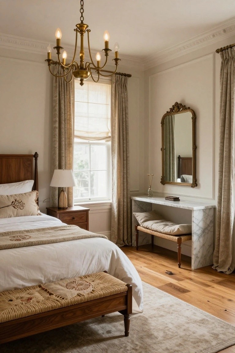 Elegant bedroom with chandelier, marble vanity, wooden bed, and beige decor.