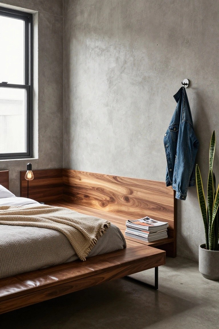 Low-profile bed frame of rich walnut wood with white sheets, beige knit throw, and stacked magazines on built-in shelf against textured gray concrete wall in minimalist bedroom with hanging denim jacket and potted snake plant.