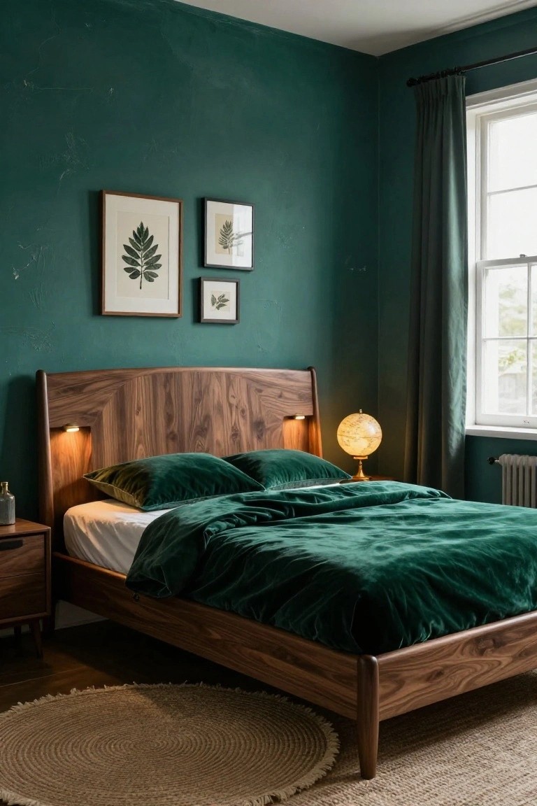Bedroom interior with deep green textured walls, walnut wood bed frame featuring curved headboard and integrated wall lights, emerald green velvet bedding and pillows on white sheets, matching walnut nightstand with globe lamp and vase, leaf artwork, green curtains on window, seagrass rug, and radiator.