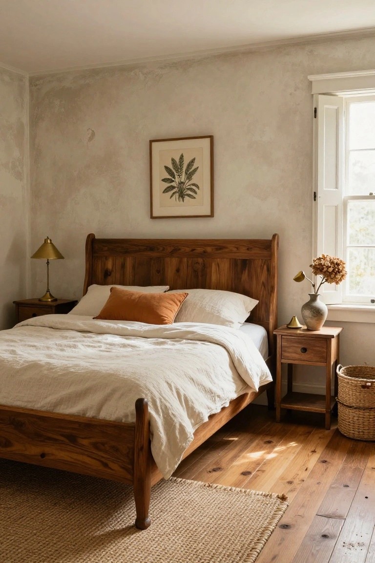 Bedroom with dark wood bed frame, white linens and orange pillows, wooden nightstands, brass lamp, potted dried flowers by window, textured beige walls, hardwood floors, and seagrass rug.