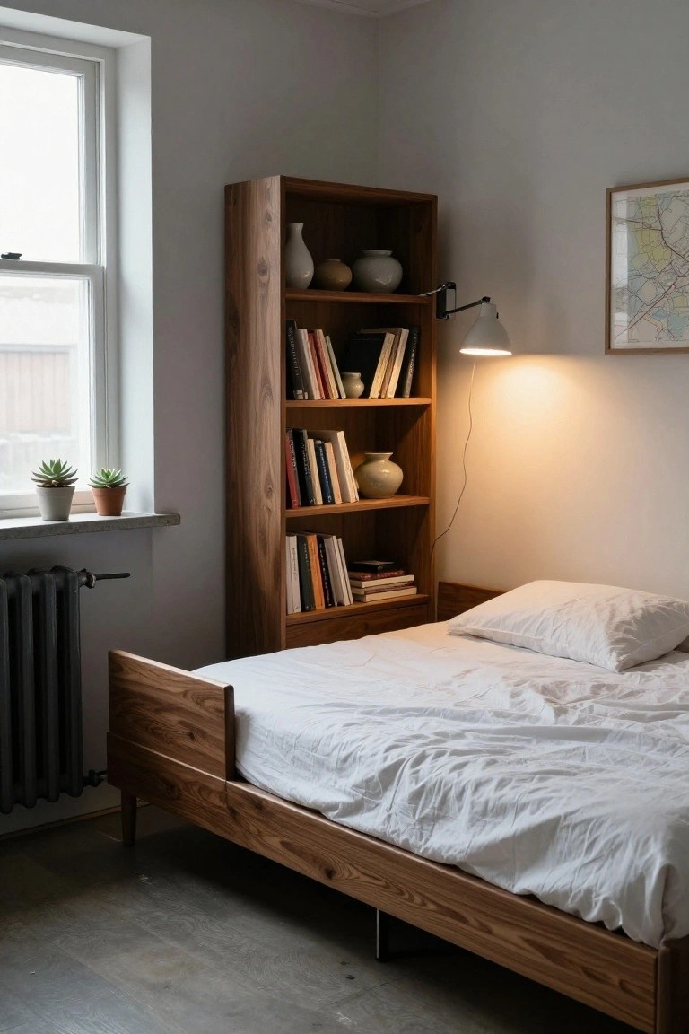Corner bedroom with wooden bed frame, tall wooden bookshelf filled with books and ceramics, white bedding, window with plants on sill, radiator below, and wall lamp lit.