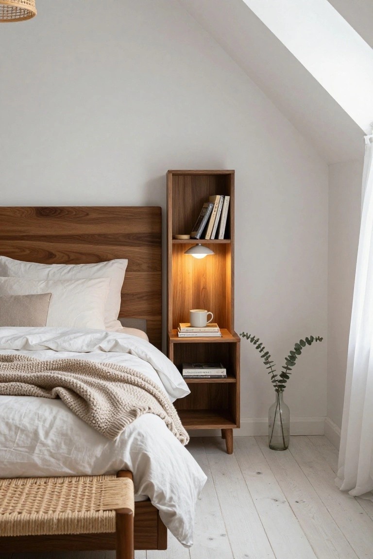 Bedroom with walnut wood bed frame that includes integrated open shelving and lamp on one side, white bedding with knit throw, rattan bench at foot, books and coffee mug on shelves, eucalyptus in glass vase, white walls, wooden floor, and sloped ceiling.