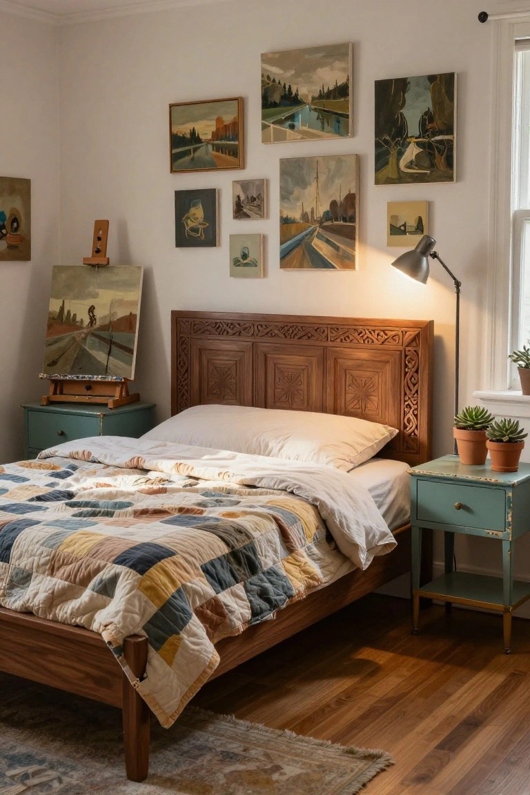 Bedroom with low wooden bed frame and tall carved headboard centered against white wall, teal nightstands with potted succulents on either side, multiple framed paintings on walls, easel holding canvas nearby, and hardwood floors.