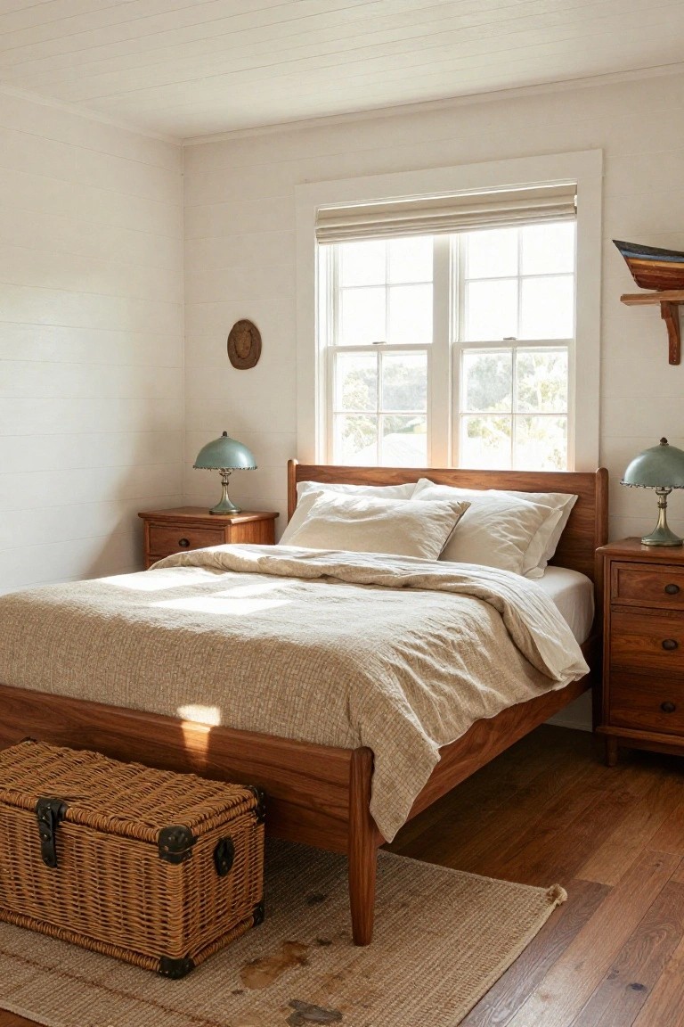 Bright bedroom interior with wooden bed frame, beige quilted bedding, matching wooden nightstands topped with green glass dome lamps, wicker trunk with metal hardware at bed foot, white shiplap walls, double windows with blinds, small boat model on wall shelf, and hardwood floors with seagrass rug.