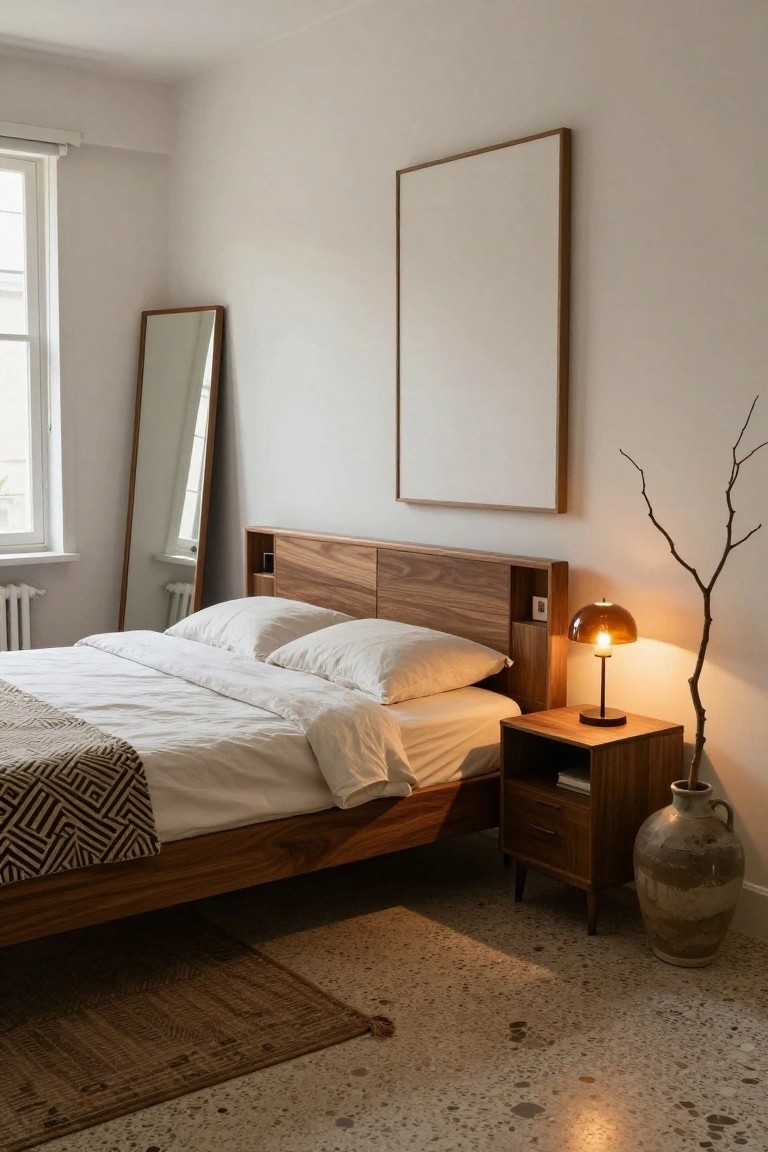 Bedroom with low walnut wood bed frame and headboard niches, white bedding with gray throw, wooden nightstand and lamp, full-length mirror, and large empty framed artwork on wall.