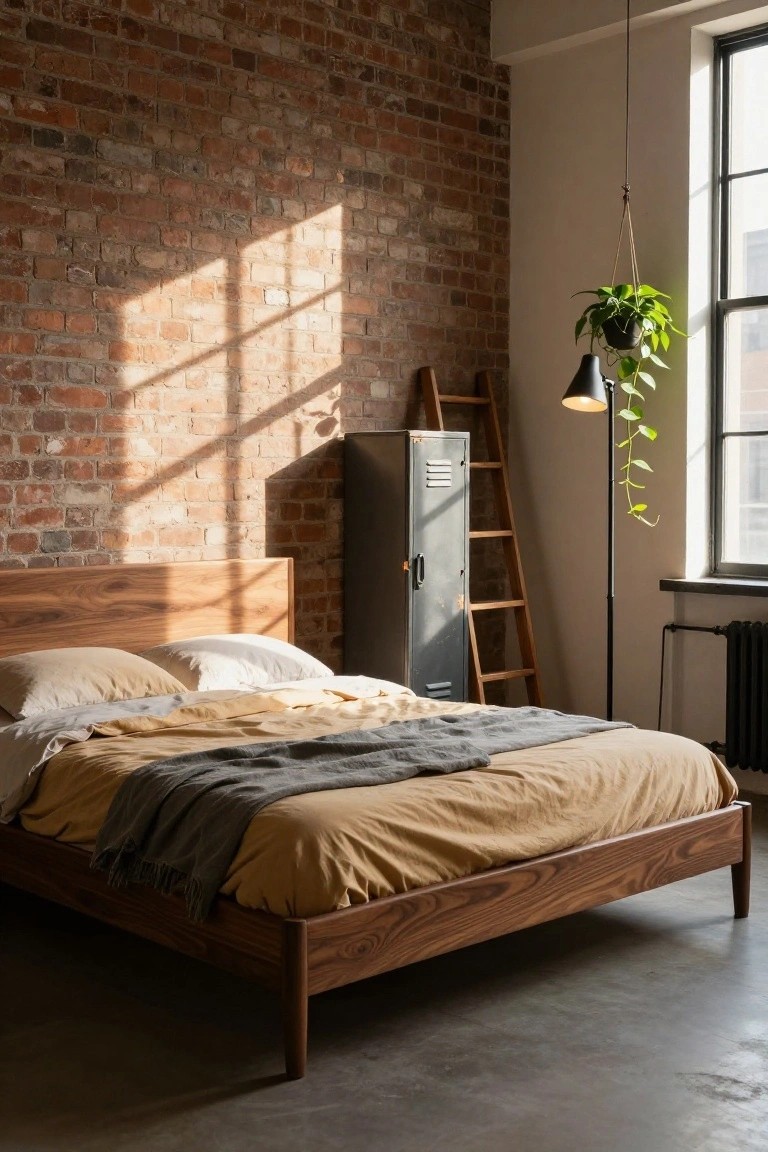 Walnut wood platform bed with beige sheets and gray throw blanket in a loft bedroom with exposed brick wall, gray metal locker, wooden ladder, hanging potted plant, black floor lamp, and large window.