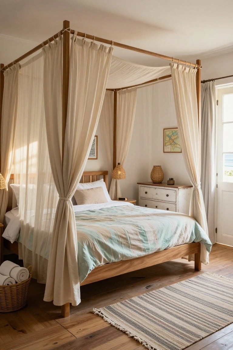 Sunlit wooden canopy bed with sheer beige curtains and striped bedding.