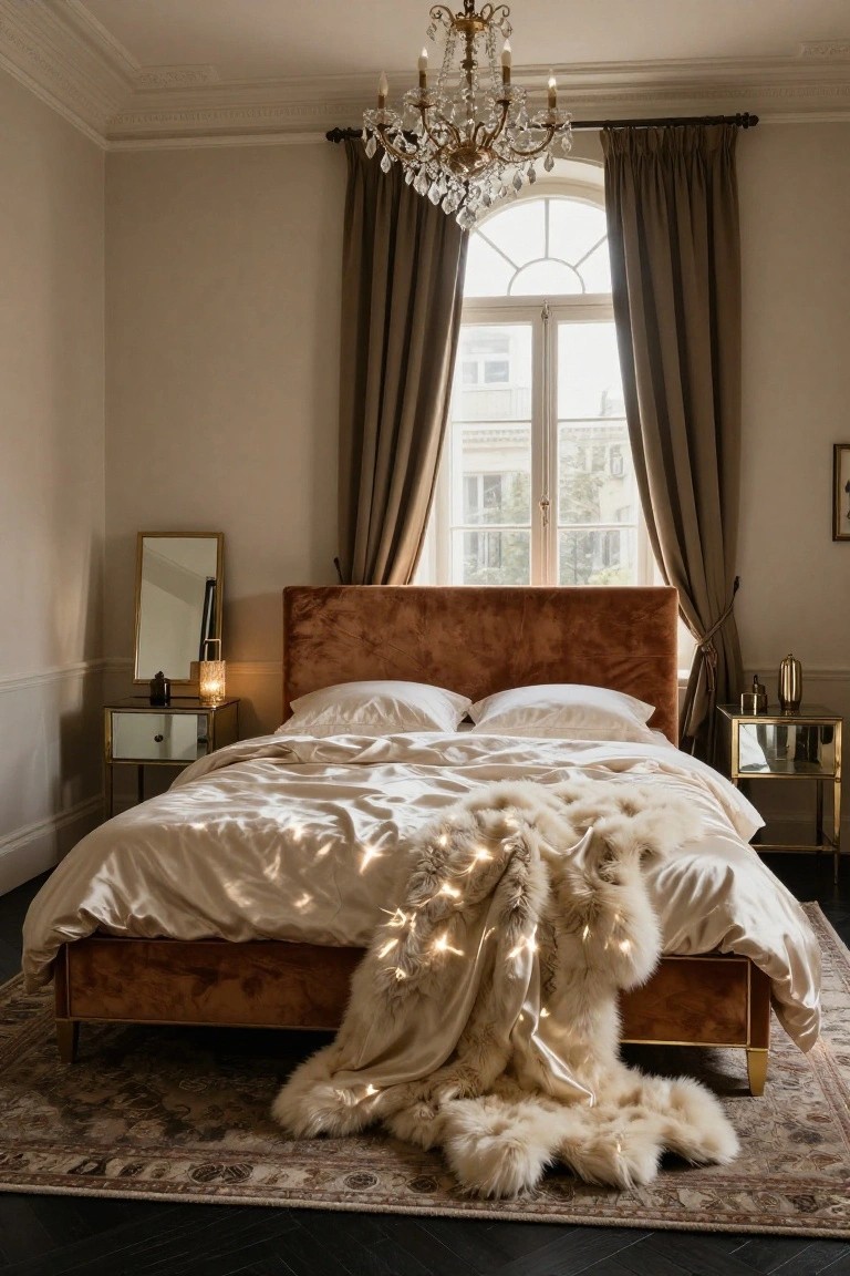 Bedroom with tufted burnt orange velvet bed frame on gold legs, cream satin bedding with white fur throw and fairy lights, mirrored nightstands, arched window with taupe curtains, crystal chandelier, and patterned rug on dark wood floor.