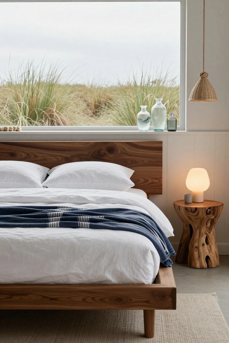 Low-profile wooden bed frame with white bedding and navy striped throw in a bedroom, next to a window showing sand dunes and grass, with wooden stump nightstand, opal lamp, and rattan pendant light.