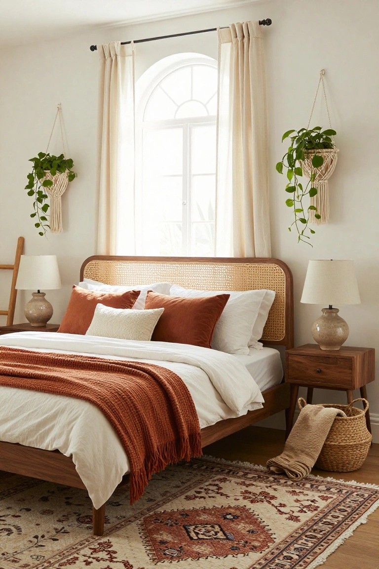 Bedroom with a low wooden bed frame featuring a curved cane headboard, white duvet topped by orange pillows and knitted throw, matching nightstands with ceramic lamps, hanging plants, sheer curtains on an arched window, and a patterned rug.