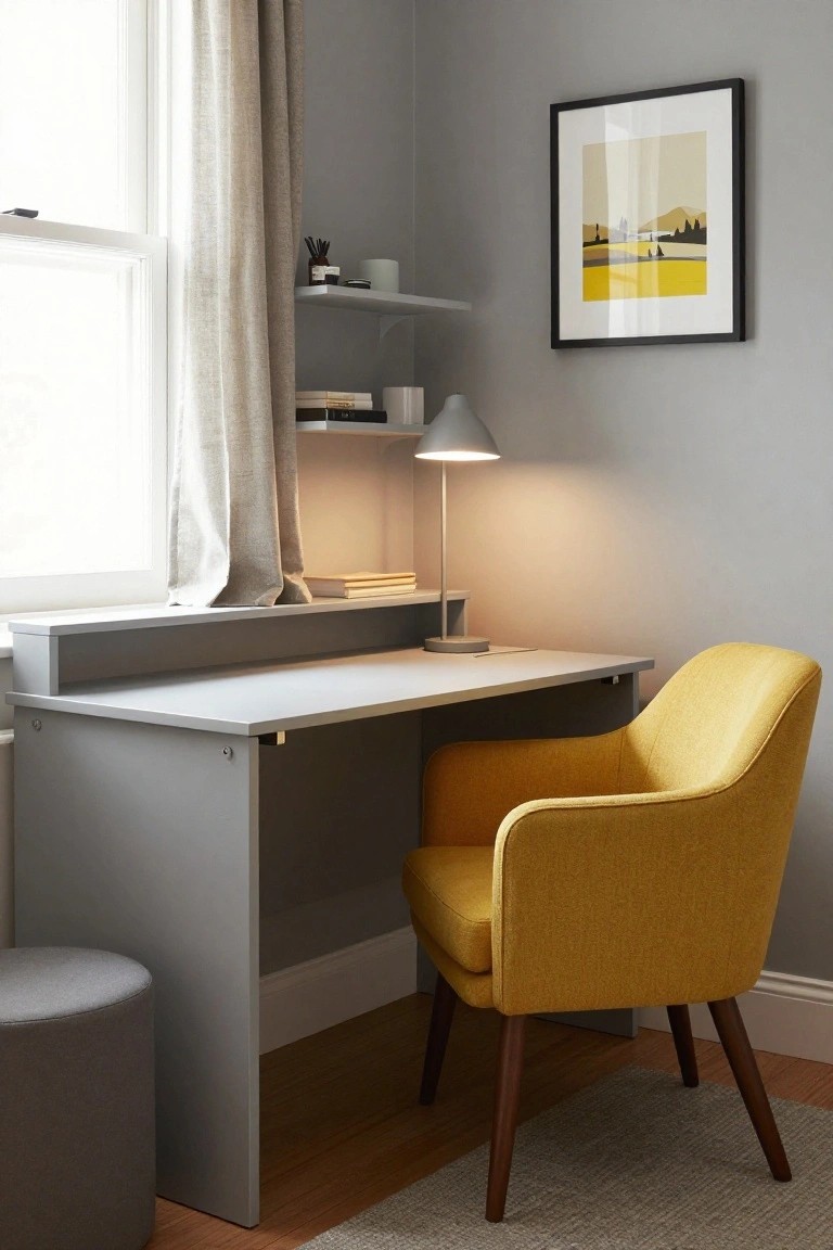 A yellow upholstered armchair at a grey desk in a light grey room corner with a window, beige curtains, floating shelves holding books and a mug, and a grey desk lamp.