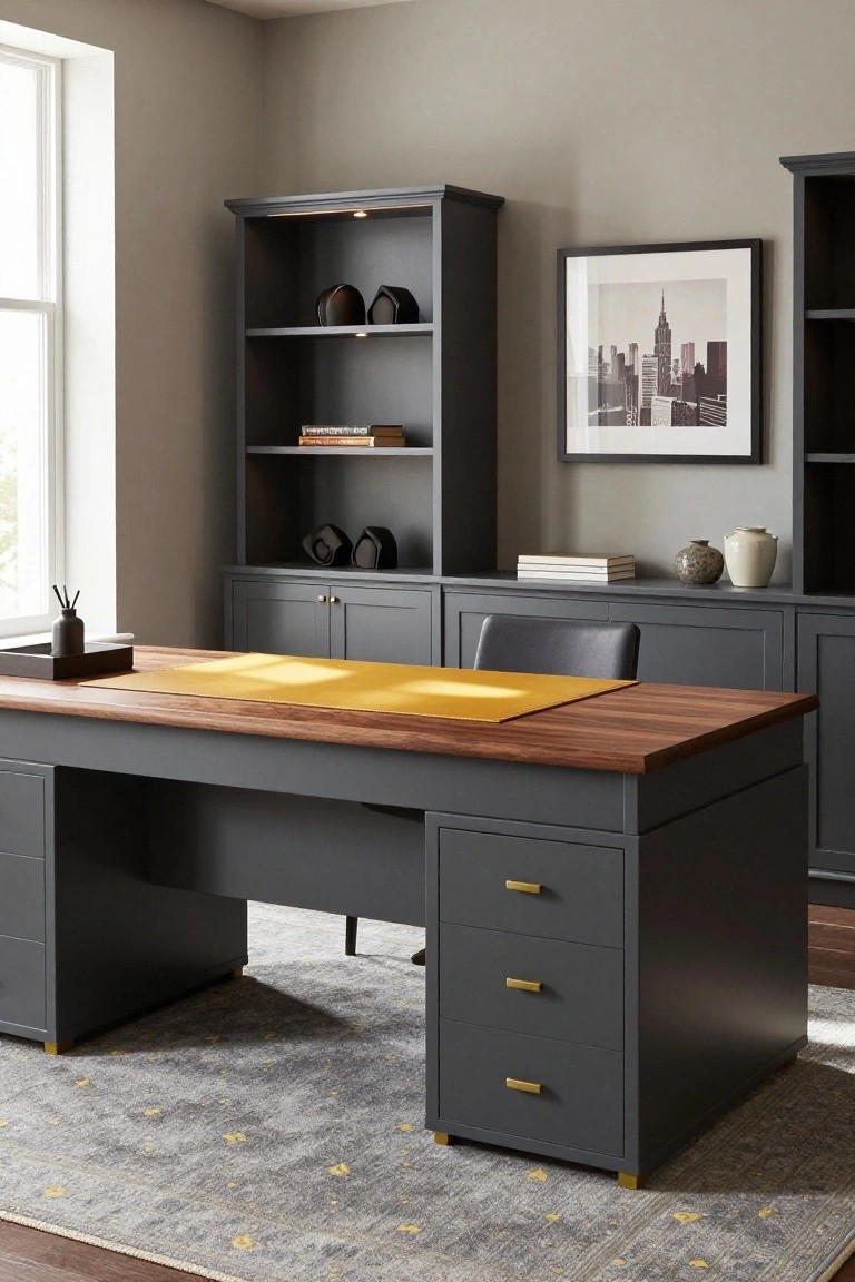 Home office featuring a large grey desk with walnut top and yellow blotter, grey cabinets and bookshelves, black leather chair, beige walls, window, and New York skyline photo.