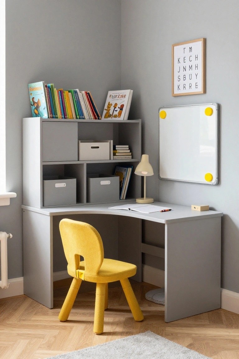 A grey corner desk with open shelves, storage bins, books, a yellow molded chair, desk lamp, and whiteboard mounted on the wall in a light grey room.