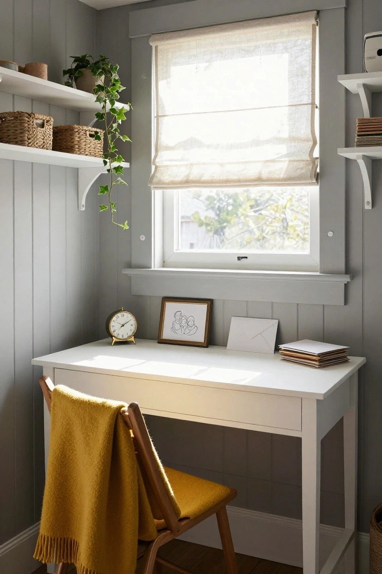 Small white desk with gold clock and frames in a light grey shiplap corner room, yellow chair with throw, floating shelves holding plants and baskets, and window with linen shade.