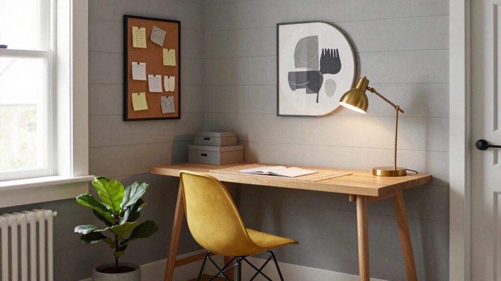 Corner of a home office with light grey shiplap walls, wooden desk with open notebook and gold adjustable lamp, mustard yellow molded plastic chair, potted ficus plant on windowsill, corkboard with pinned papers, and black-framed abstract circle artwork.