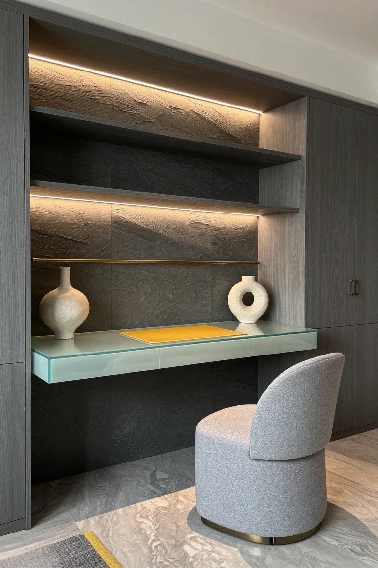 Modern home office featuring dark grey built-in cabinetry with stone wall panels, a floating glass desk topped with a yellow rectangular pad, two white ceramic vases on shelves, and a light grey upholstered pouf chair on a marble-patterned floor.