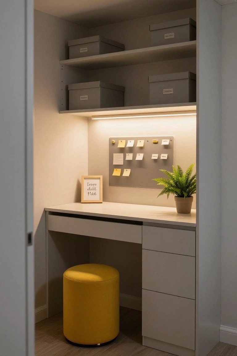 Walk-in closet with grey built-in shelves holding boxes, a lower desk area with corkboard, sticky notes, framed sign saying "I love to do it", potted fern, and yellow pouf stool on wood floor.