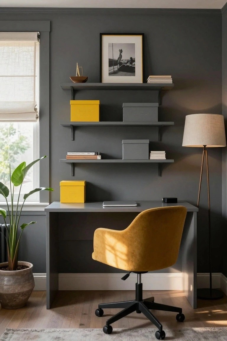 Home office featuring dark grey walls, floating grey shelves with yellow and grey storage boxes and books, a mustard yellow velvet swivel chair at a grey desk with a laptop, a potted plant, window with sheer shade, and brown tripod floor lamp on light wood floors.
