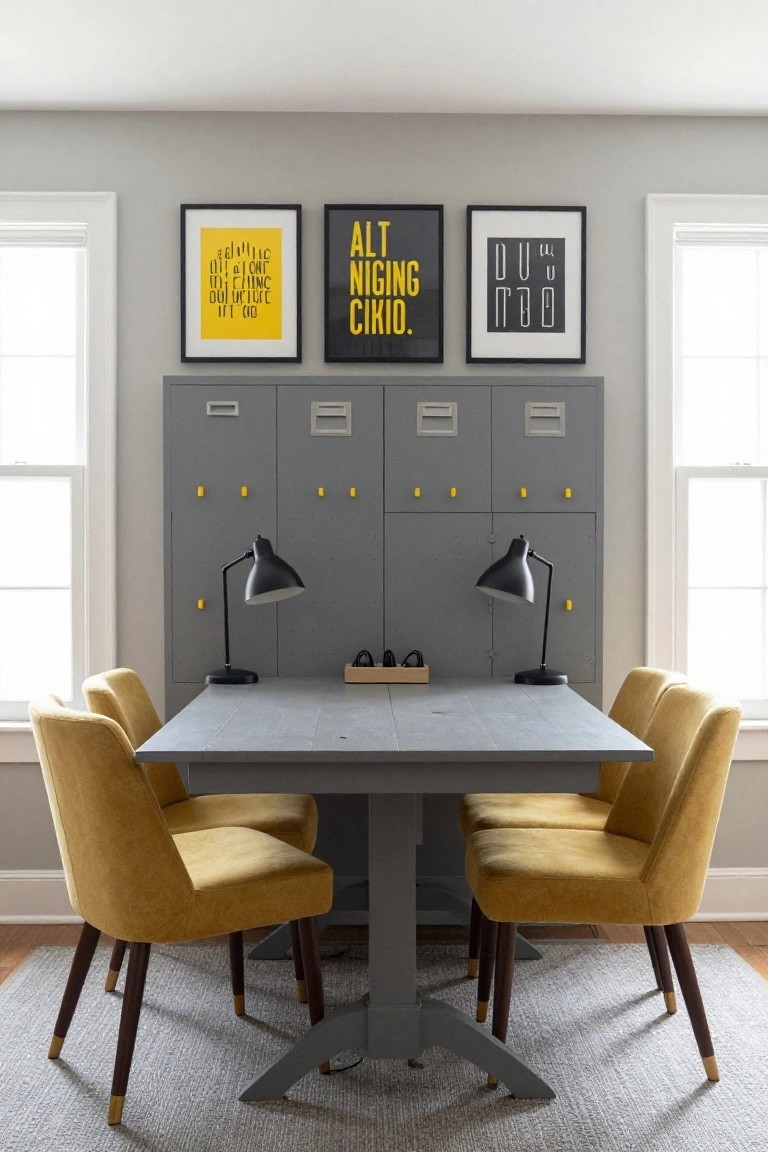 Home office with tall grey metal lockers on the wall, central grey trestle table, four yellow upholstered chairs, black adjustable lamps atop the lockers, and framed artwork nearby.