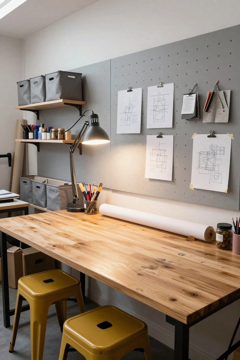A home office featuring a large grey pegboard wall with pinned sketches and clips, wooden desk with supplies, rolled paper, and two yellow stools.