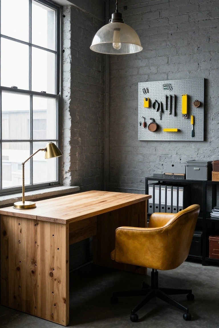 Industrial office interior with grey brick walls, wooden desk, yellow leather armchair, adjustable desk lamp, metal shelving unit, and grey pegboard displaying yellow-handled tools and accessories.