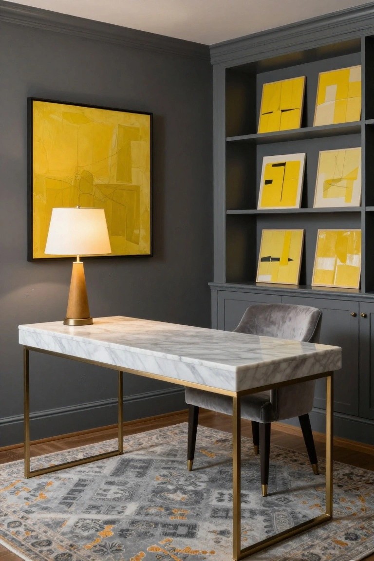 A home office corner with dark grey walls and built-in shelving holding multiple yellow abstract paintings, a large yellow abstract artwork on the wall lit by a wood tripod lamp with white shade, white marble-top brass desk, grey velvet chair, and blue-grey oriental rug on hardwood floor.