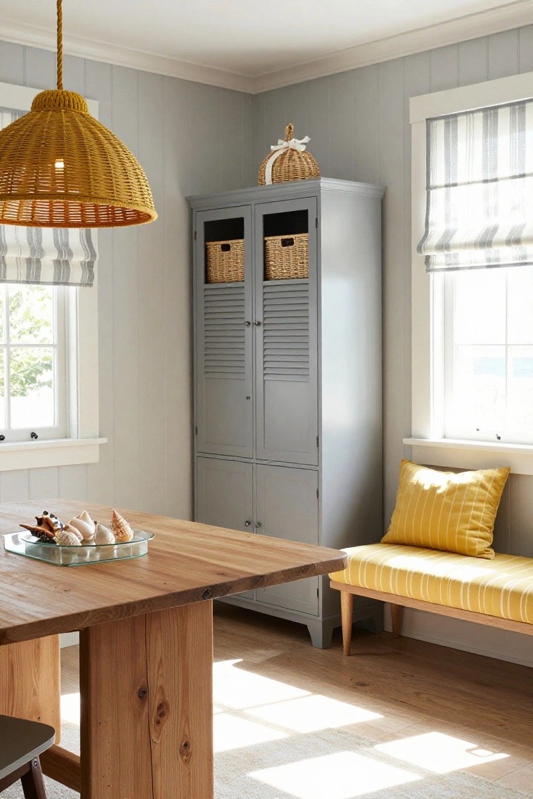 Light-filled interior corner with shiplap grey walls, tall grey louvered cabinet with woven baskets, wooden table holding seashells in glass dish, woven yellow pendant lamp, and bench with yellow striped cushions by window with striped shade.