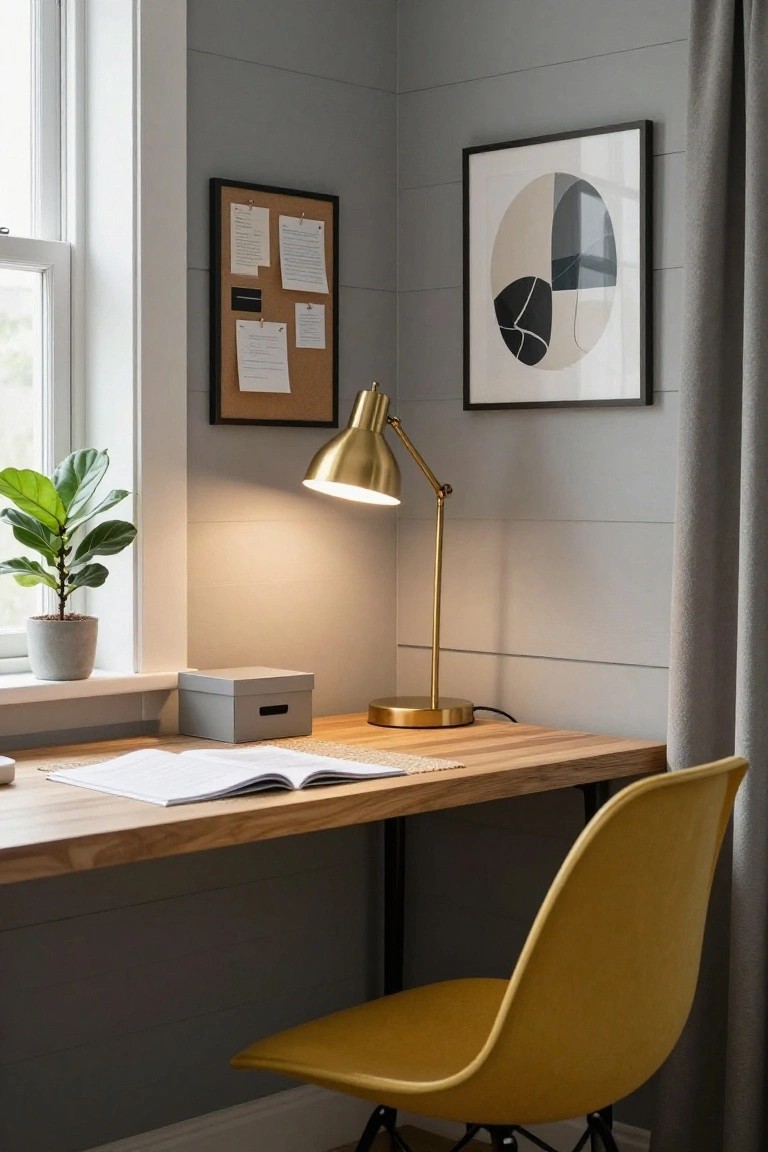 Corner of a home office with light grey shiplap walls, wooden desk with open notebook and gold adjustable lamp, mustard yellow molded plastic chair, potted ficus plant on windowsill, corkboard with pinned papers, and black-framed abstract circle artwork.