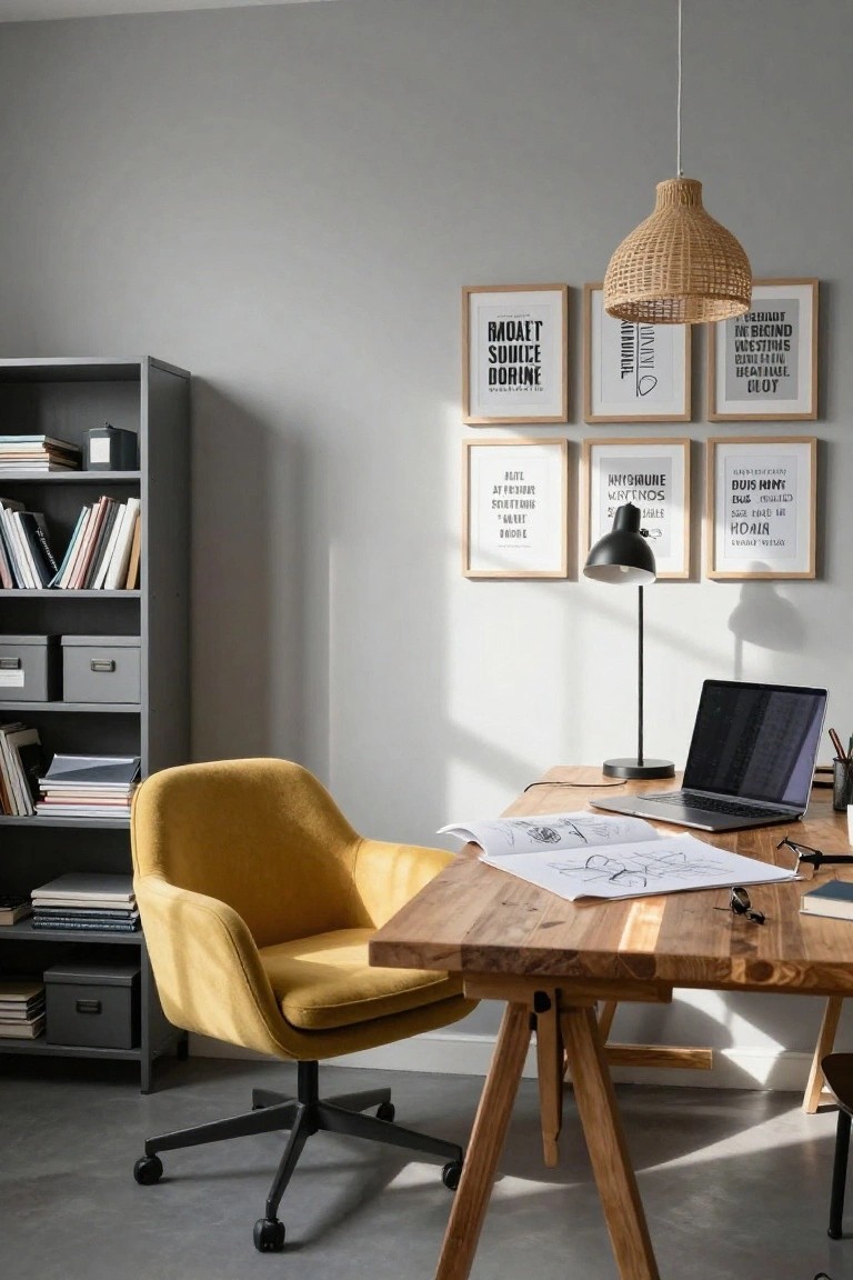 Home office with light grey walls and bookshelves, yellow upholstered swivel chair at wooden desk holding laptop and drawings, black desk lamp, pendant light, and framed art prints.