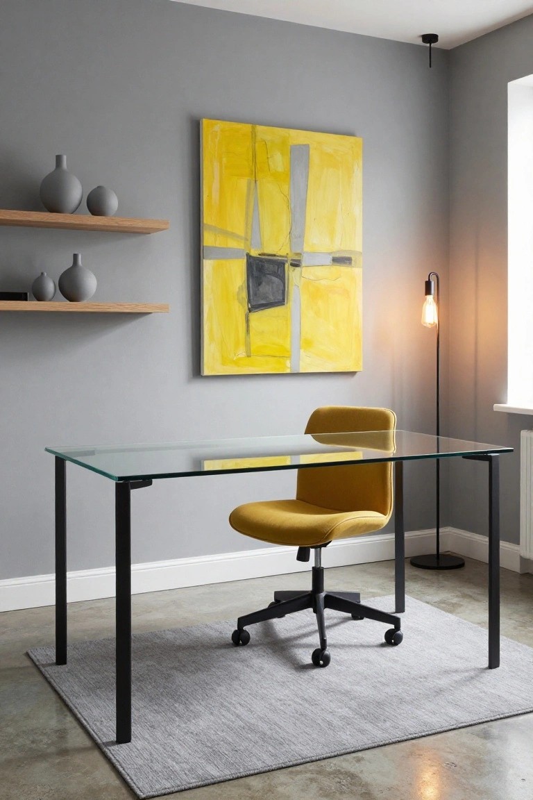 Home office with light grey walls, yellow abstract painting, wooden shelves holding grey vases, glass desk on black metal legs, yellow swivel chair, black floor lamp with exposed bulb, and grey rug on concrete floor.
