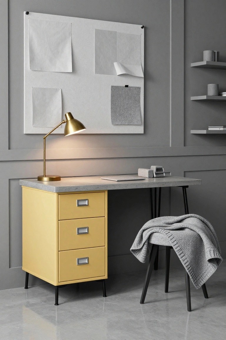 Home office with yellow metal filing cabinet under concrete-top desk, gold adjustable lamp, black metal chair with grey knit blanket draped over it, white papers on corkboard against grey walls and floating shelves.