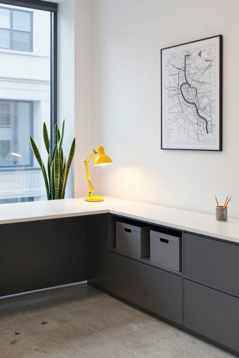 Corner of a minimalist home office with white desk surface, dark grey cabinets and storage bins, yellow adjustable desk lamp turned on, potted snake plant, pencil holder, and framed black-and-white city map on white wall next to window.