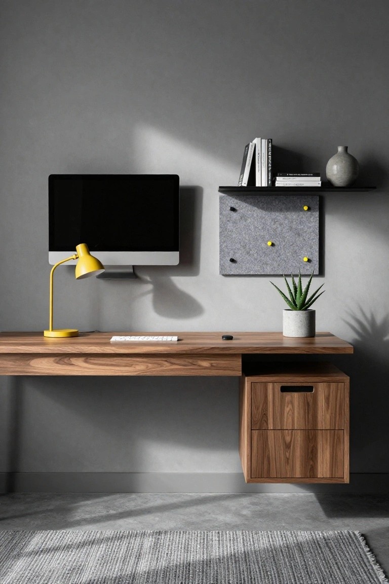 Modern home office with walnut wood desk featuring suspended drawer unit, yellow gooseneck lamp, black monitor on arm, white keyboard, grey walls, floating shelf with books and vase, felt bulletin board with yellow pins, potted aloe plant, and concrete floor with grey rug.