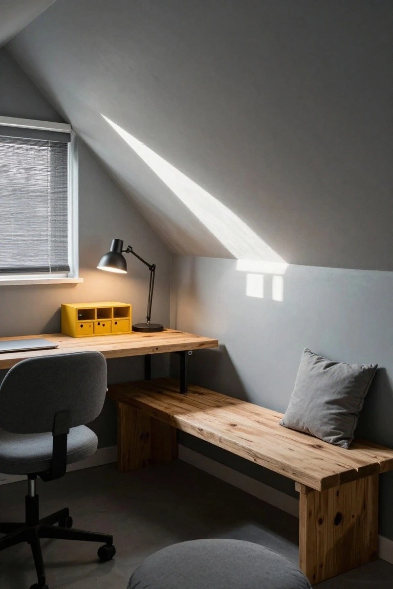 Attic office room with slanted grey walls, wooden desk holding yellow multi-drawer organizer and laptop, black adjustable lamp, grey fabric chair, wooden bench seat, grey pillow, and pouf stool.