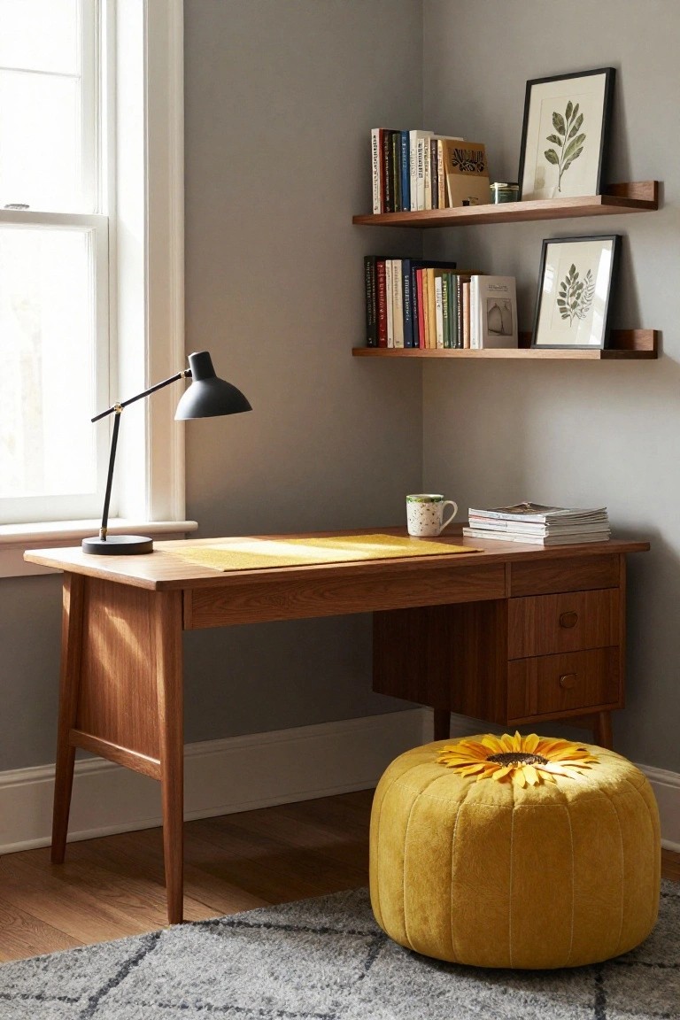 Corner home office with grey walls, wooden midcentury desk topped with yellow mat, green mug, and magazines, black adjustable lamp, wall shelves holding books and framed leaf prints, and yellow pouf footrest with sunflower design on grey rug.